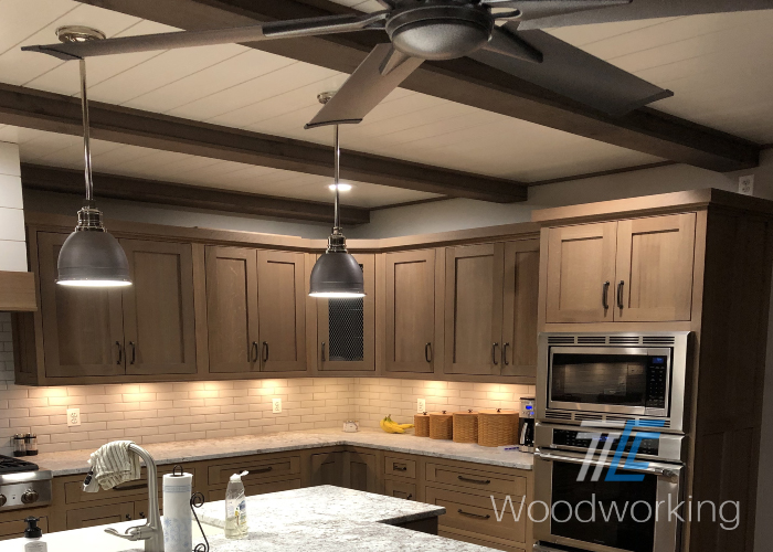 kitchen area with ceiling shiplap