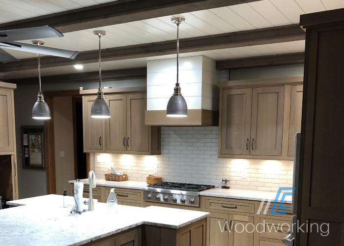 kitchen island with ceiling shiplap
